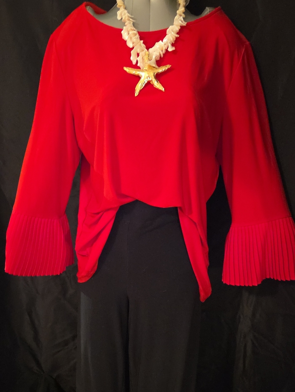 Joseph Ribkoff Red Pleated Bell-Sleeve Blouse